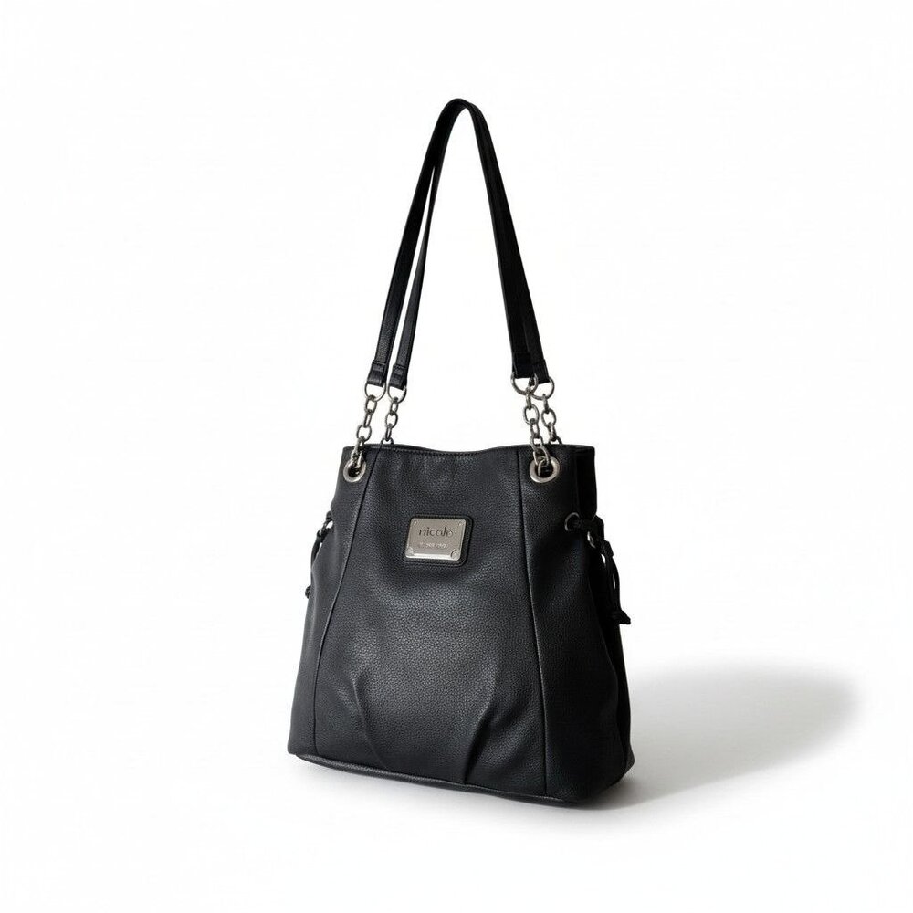 Nicole Miller Black Leather Shoulder Bag 12" X 12" X 4.5" With 12" Strap Drop Si
